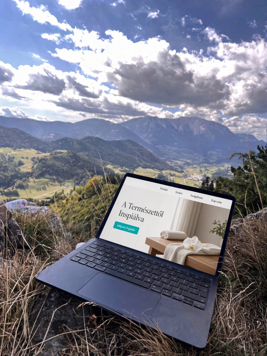 Laptop a hegyen, a képernyőn egy weboldal